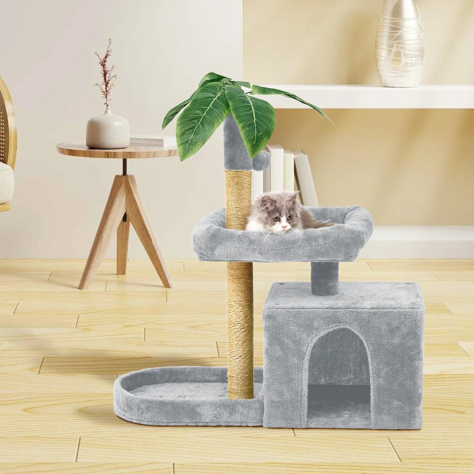 31.5" Cat Tree Cat Tower for Indoor Cats with Green Leaves, Cat Condo Cozy Plush Cat House with Hang Ball and Leaf Shape Design, Cat Furniture Pet House with Cat Scratching Posts,Grey