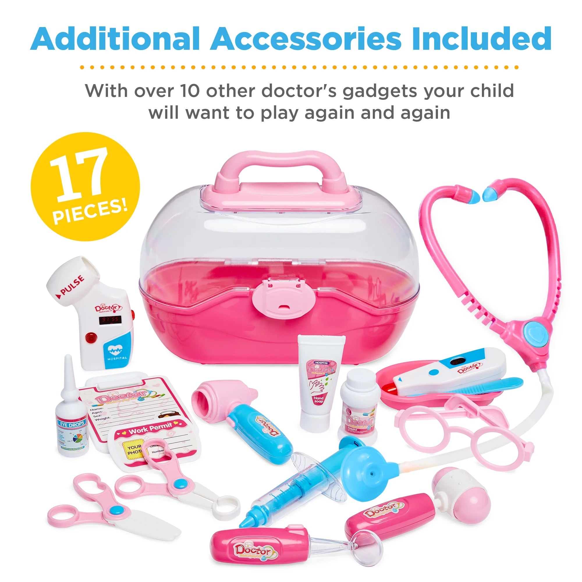 Play Doctor Kit for Kids, Pretend Medical Station Set with Carrying Case, Mobile Cart - Pink