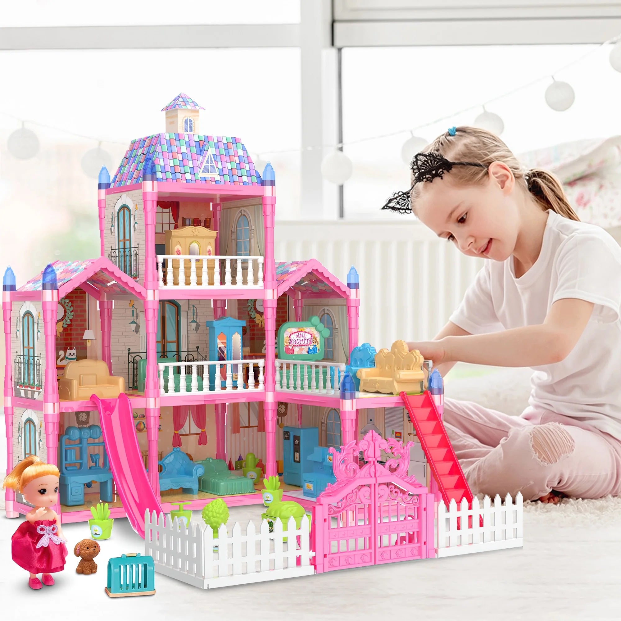 Hot Bee Doll House Girls Toy, 8 Rooms and 1 Balcony Dollhouse Furniture and Accessories with Slide, 191 Pcs, Birthday Christmas Gift for Girls Toddlers Age 3 4 5 6 7 8 9 10