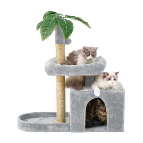 31.5" Cat Tree Cat Tower for Indoor Cats with Green Leaves, Cat Condo Cozy Plush Cat House with Hang Ball and Leaf Shape Design, Cat Furniture Pet House with Cat Scratching Posts,Grey