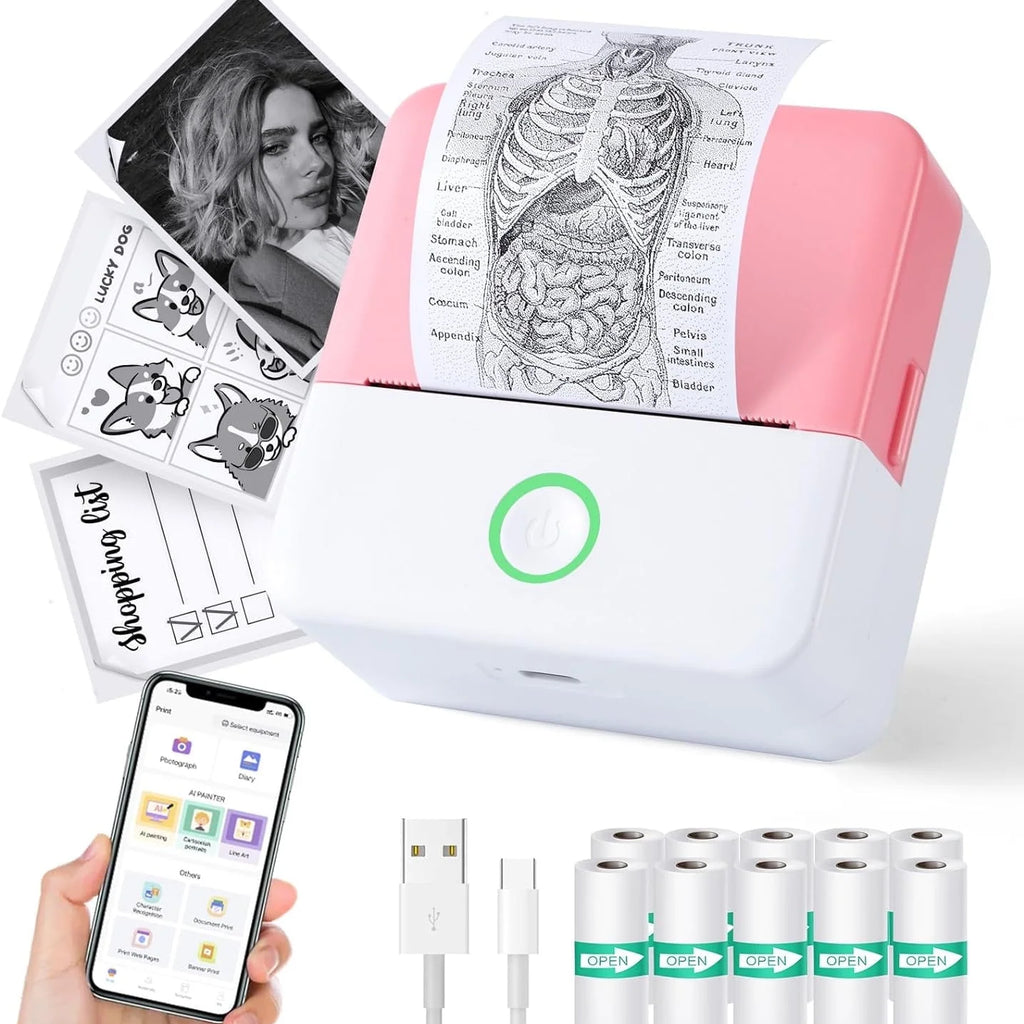 Thermal Mini Printer, Portable Inkless Sticker Maker, Bluetooth Printer for Phone, Wireless Label Printer with Tape, Free Cut Small Pocket Printer for Notes&Children DIY, Compatible with Ios&Android