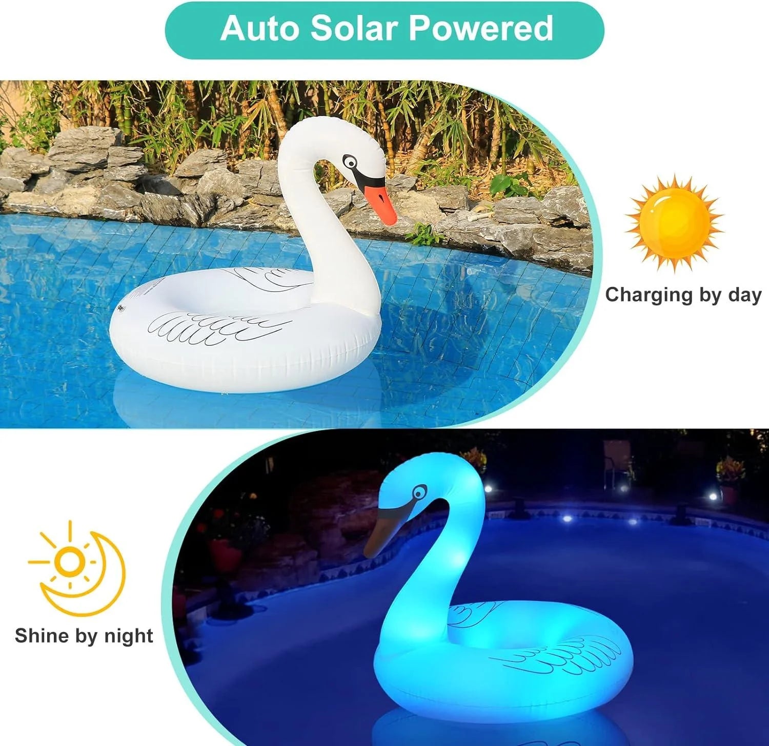 Swan Pool Floats with Solar Powered LED Color Changing Lights, 42'' Large Inflatable Pool Floaties Lake and Beach Floaty Summer Pool Lounge for Adults