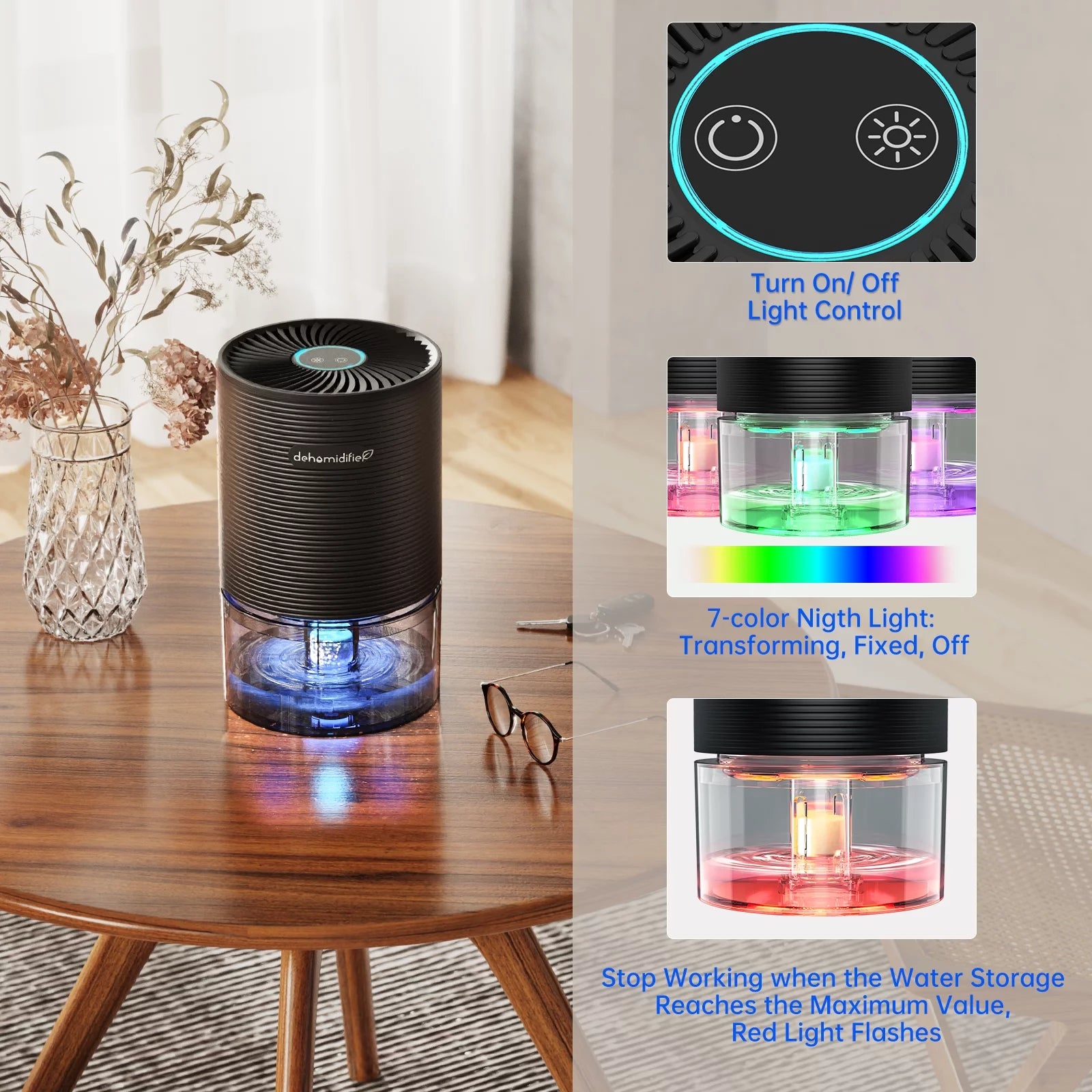 Small Dehumidifiers for Bedroom 27Oz with Auto-Off,7 Colors LED Light up to 215 Sq.Ft-Black