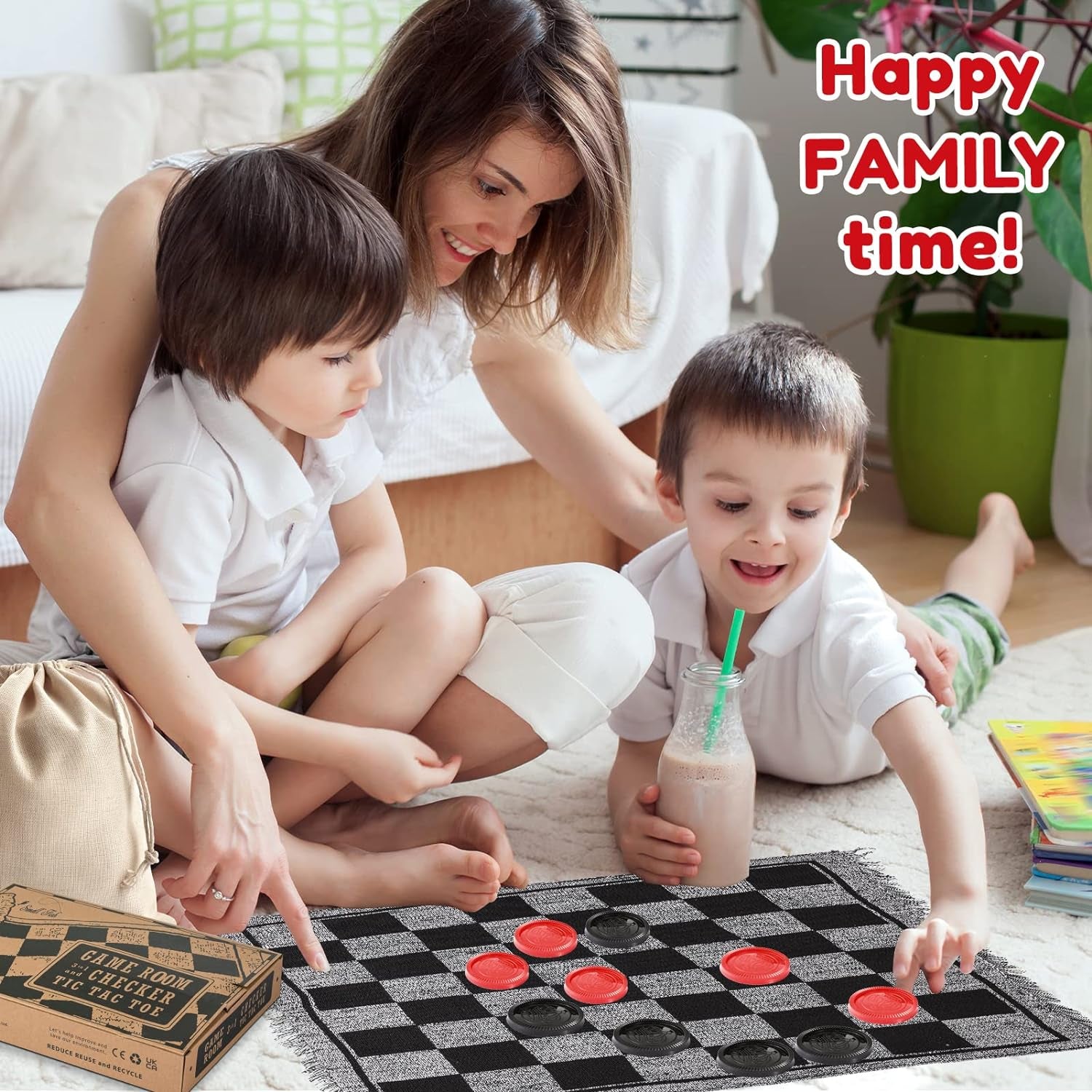 Super Tic Tac Toe and Giant Checkers Set Board Game with 24 Checker Pieces Reversible Rug, Classic Indoor and Outdoor Activity for Kids and Adults, Best for Camping, Backyard, or Lawn Game