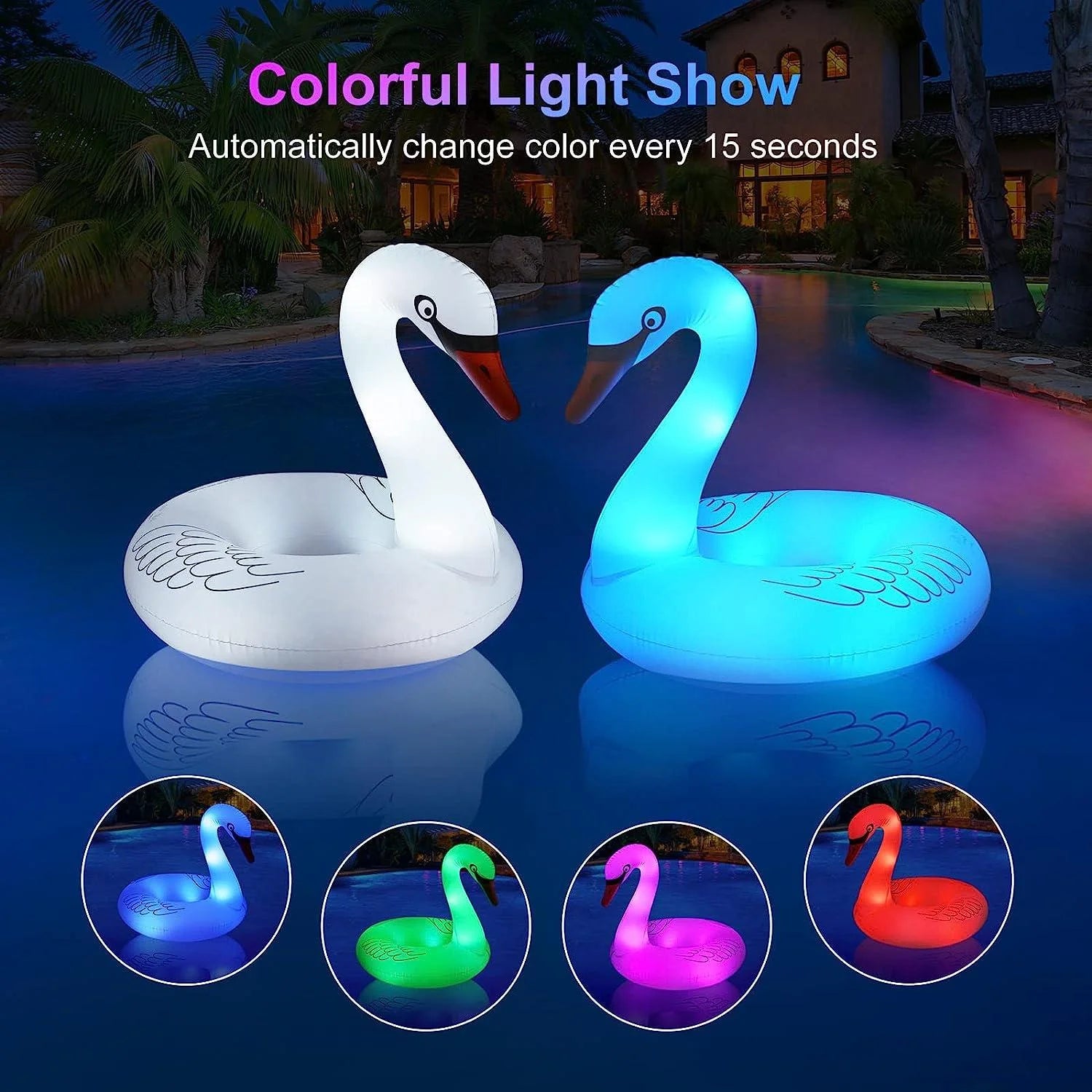 Swan Pool Floats with Solar Powered LED Color Changing Lights, 42'' Large Inflatable Pool Floaties Lake and Beach Floaty Summer Pool Lounge for Adults