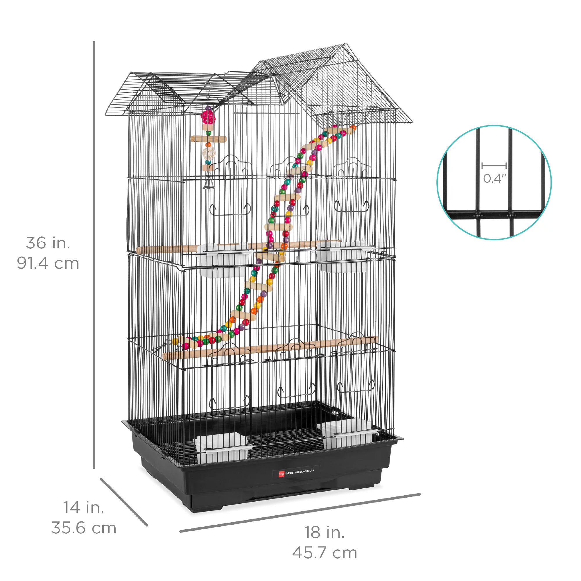 36In Indoor/Outdoor Iron Bird Cage for Parrot, Lovebird W/ Removable Tray, 4 Feeders, 2 Toys