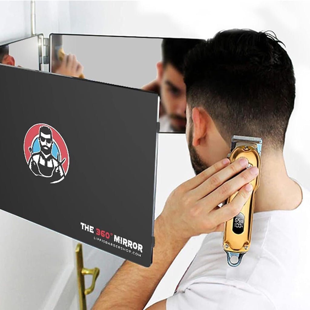 The 360 Mirror - Adjustable Door Mount Telescoping Hooks - Self Haircut Mirror for Men - 3 Way Mirror for Hair Cutting