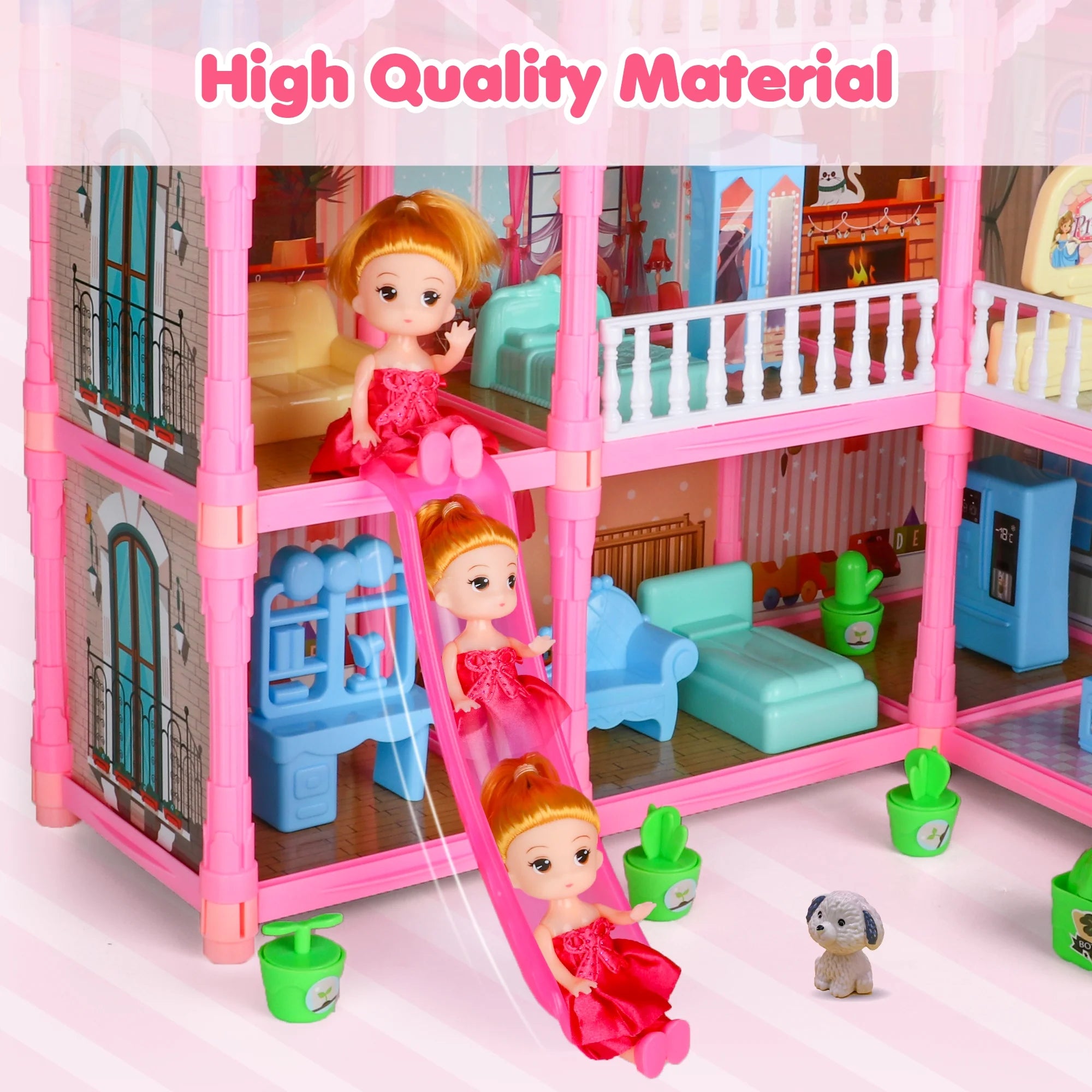 Hot Bee Doll House Girls Toy, 8 Rooms and 1 Balcony Dollhouse Furniture and Accessories with Slide, 191 Pcs, Birthday Christmas Gift for Girls Toddlers Age 3 4 5 6 7 8 9 10