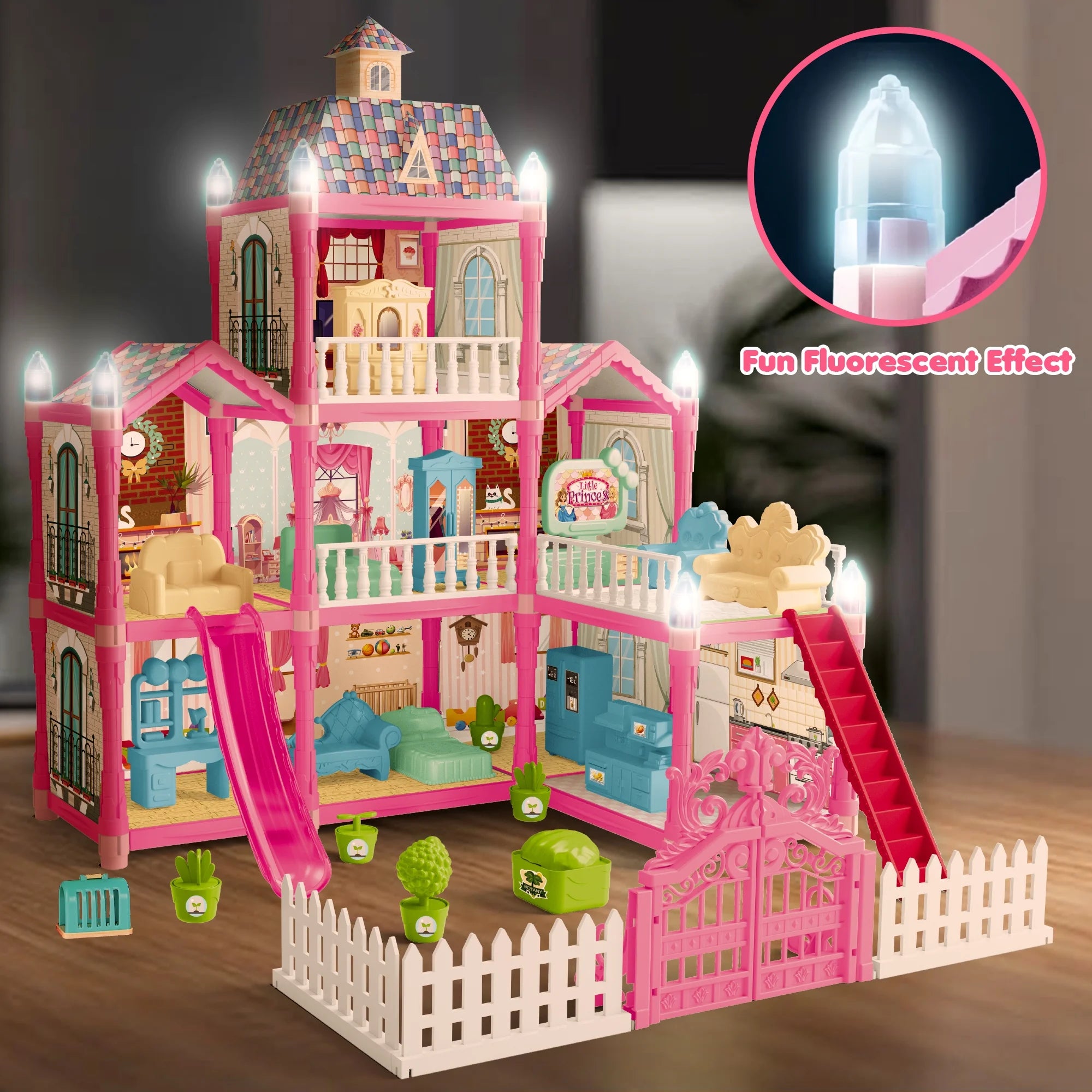 Hot Bee Doll House Girls Toy, 8 Rooms and 1 Balcony Dollhouse Furniture and Accessories with Slide, 191 Pcs, Birthday Christmas Gift for Girls Toddlers Age 3 4 5 6 7 8 9 10