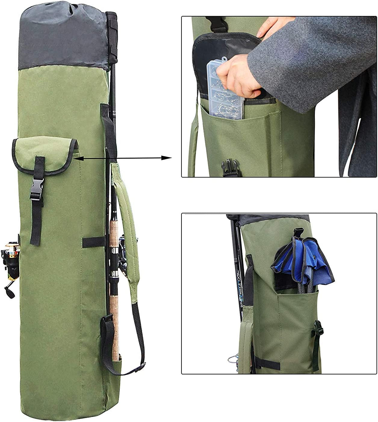 Fishing Pole Bag with Rod Holder Fishing Rod Bag Carrier Case 5 Poles Waterproof Travel Case Fishing Tackle Box Storage Bag Durable Fishing Gear Organizer Fishing Gift for Men