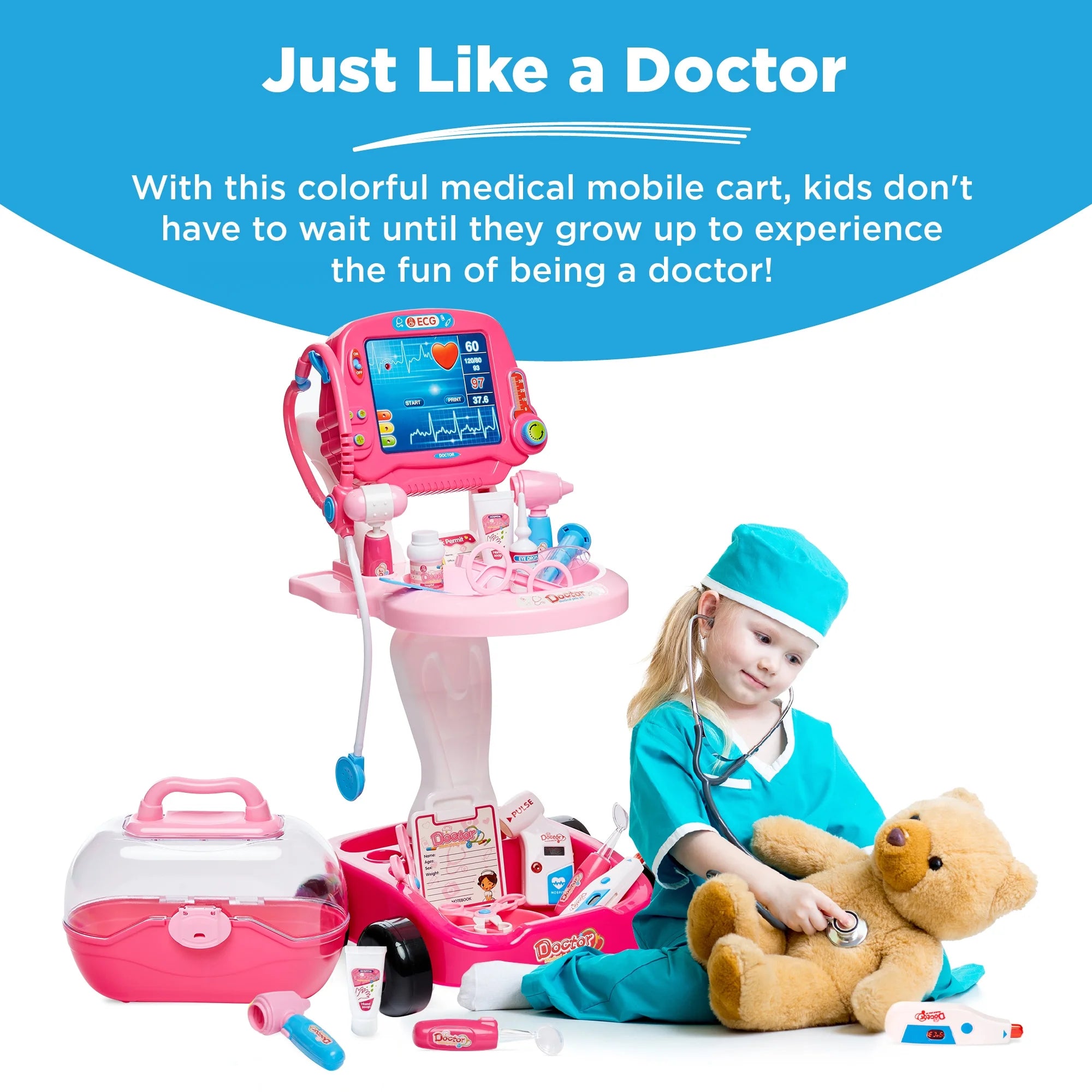 Play Doctor Kit for Kids, Pretend Medical Station Set with Carrying Case, Mobile Cart - Pink