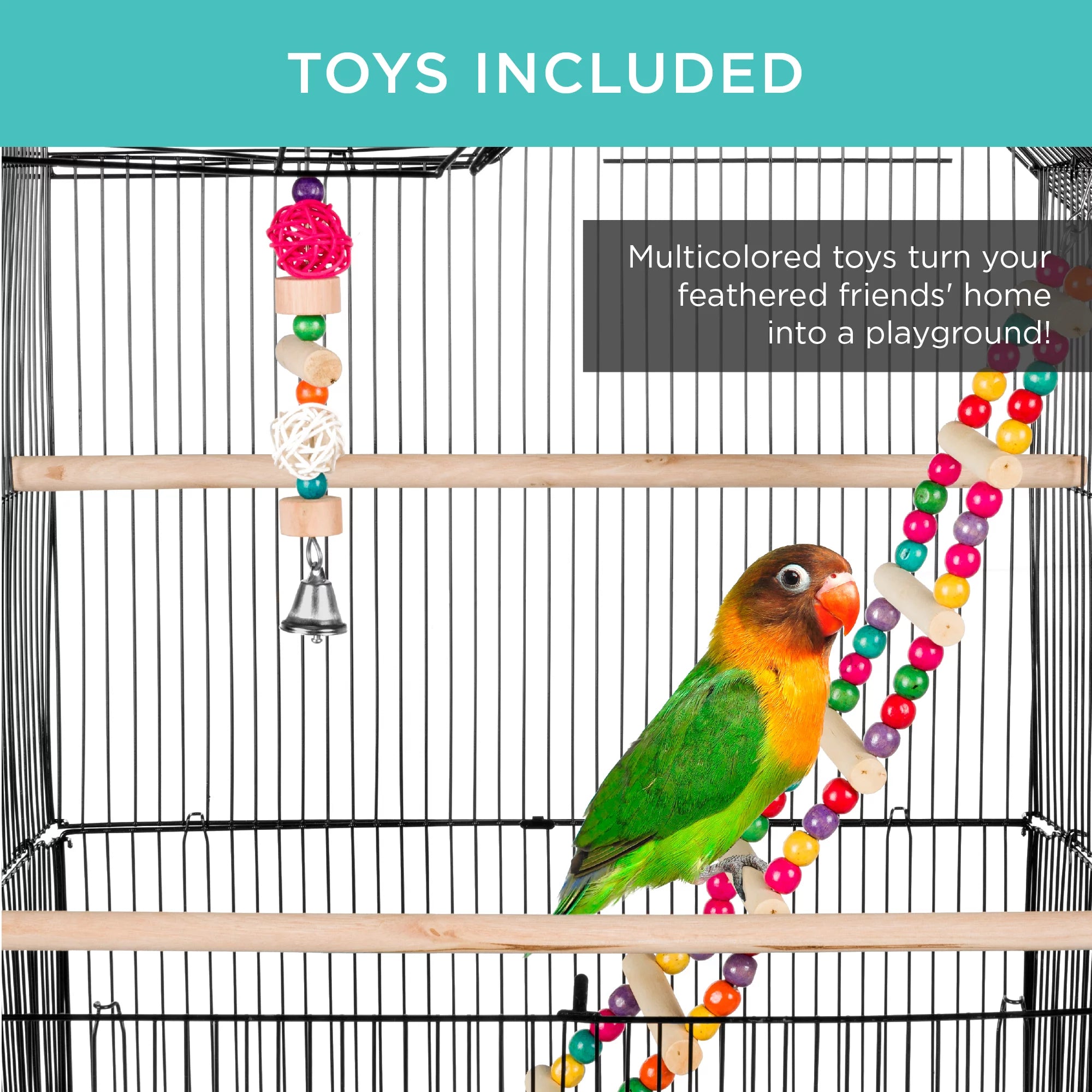 36In Indoor/Outdoor Iron Bird Cage for Parrot, Lovebird W/ Removable Tray, 4 Feeders, 2 Toys