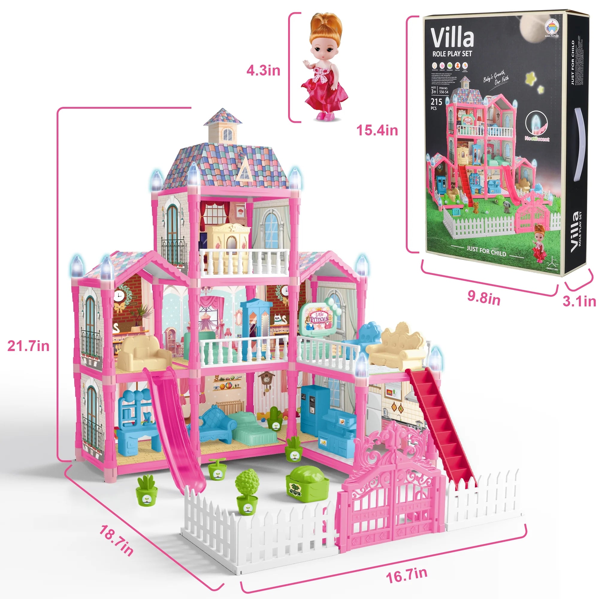 Hot Bee Doll House Girls Toy, 8 Rooms and 1 Balcony Dollhouse Furniture and Accessories with Slide, 191 Pcs, Birthday Christmas Gift for Girls Toddlers Age 3 4 5 6 7 8 9 10