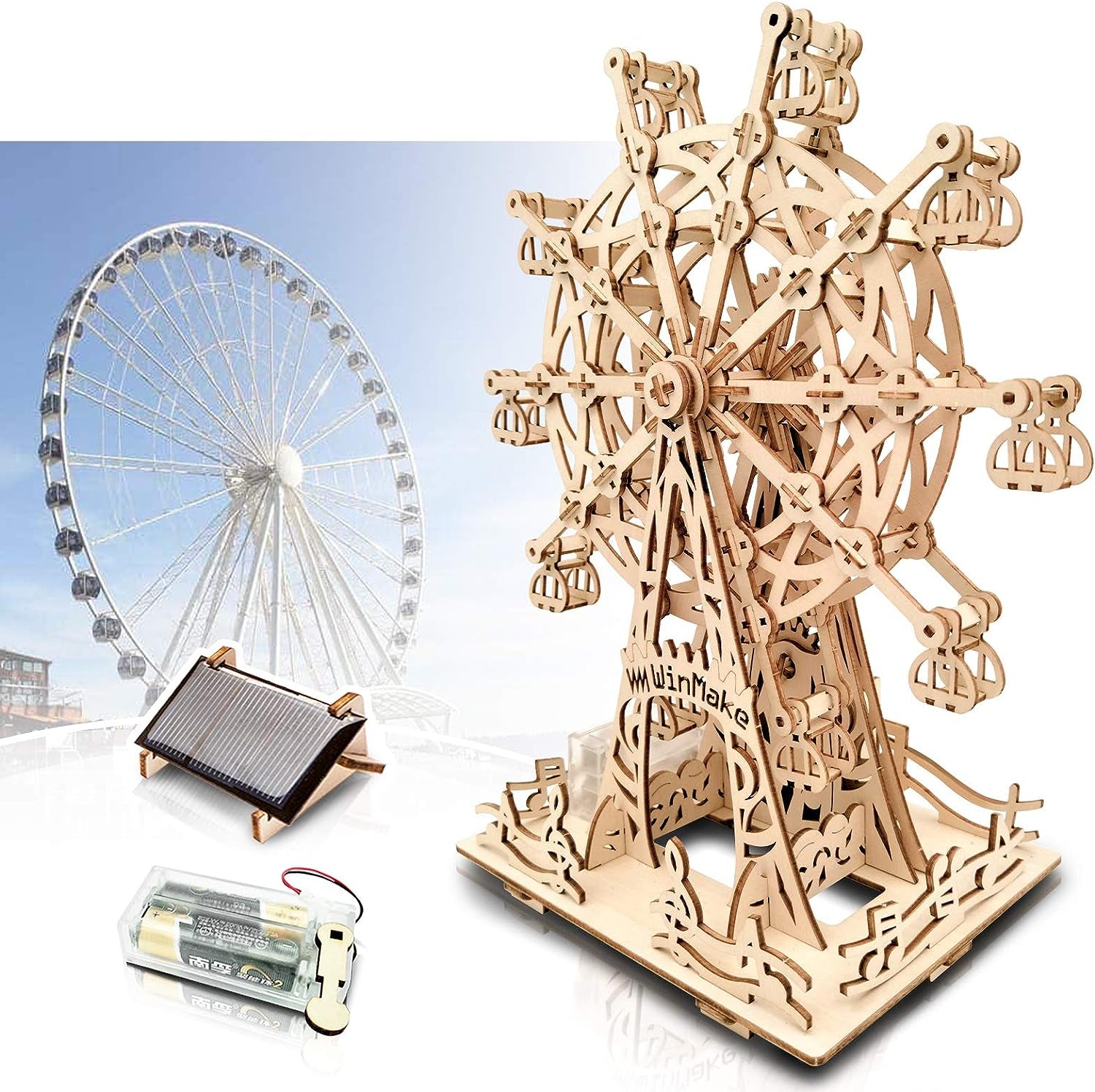 Solar 3D Wooden Puzzles for Adults Birthday Gifts for Kids Ages 6-8-10-12-14 Ferris Wheel DIY Model Kit Educational Puzzle Building Toys STEM Projects Science Experiments