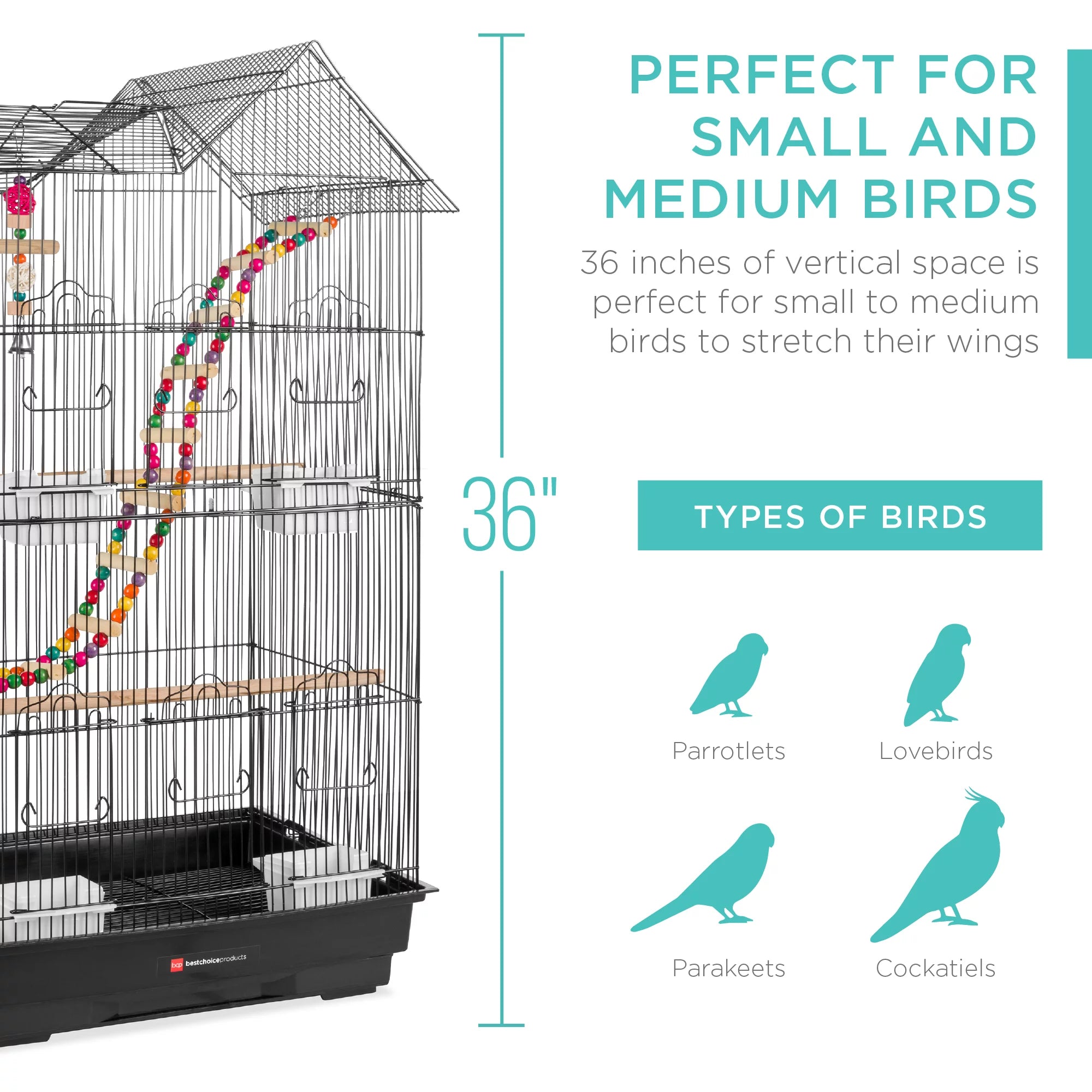 36In Indoor/Outdoor Iron Bird Cage for Parrot, Lovebird W/ Removable Tray, 4 Feeders, 2 Toys